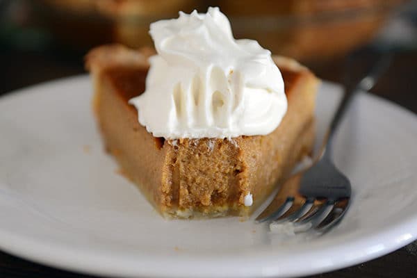 Front view of a slice of pumpkin pie with a bite taken out.