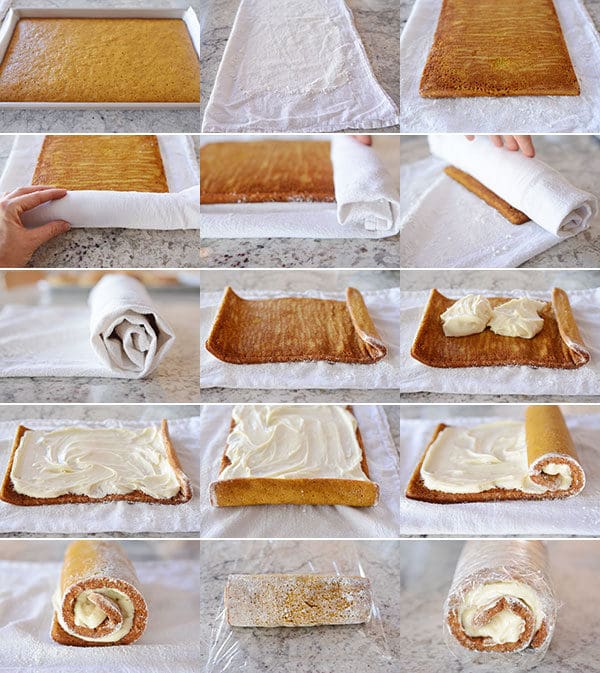 Step-by-step images of how to make a pumpkin roll. 