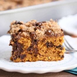 Piece of pumpkin chocolate chip streusel cake on white plate.