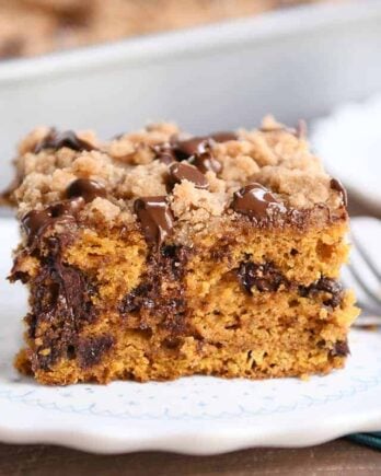 Piece of pumpkin chocolate chip streusel cake on white plate.