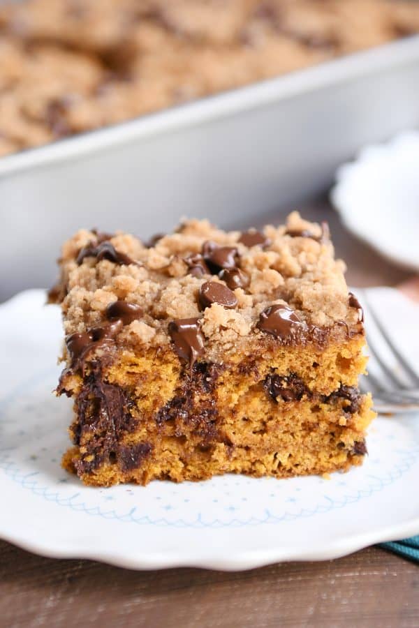 Piece of pumpkin chocolate chip streusel cake on white plate.