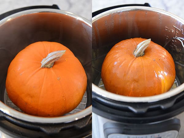 Side-by-side pictures of a small pumpkin inside of an InstanPot.