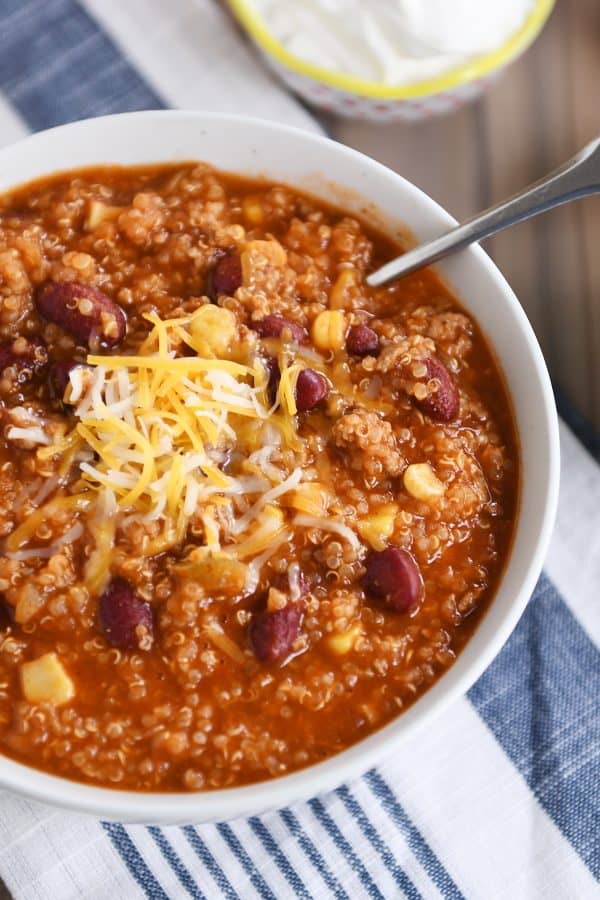 Top down view of instant pot quinoa red bean chili.