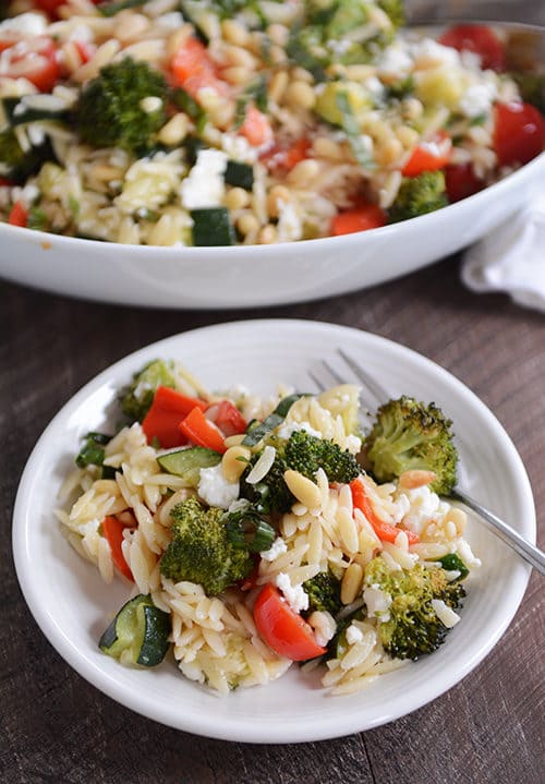 A roasted vegetable and orzo salad on a white plate.