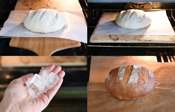 How to make rustic crusty bread collage with bread going on baking stone and using ice cubes in the oven.