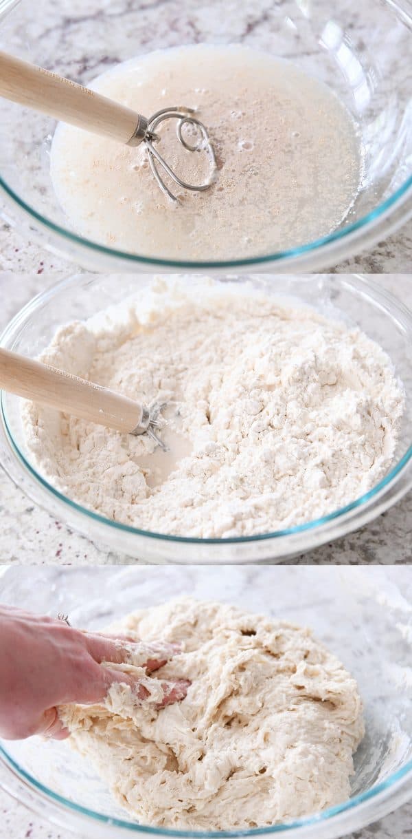 Mixing rustic crusty bread dough in glass bowl. 