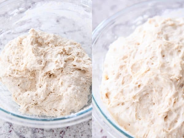 Side by side of unrisen and risen rustic crusty bread dough.