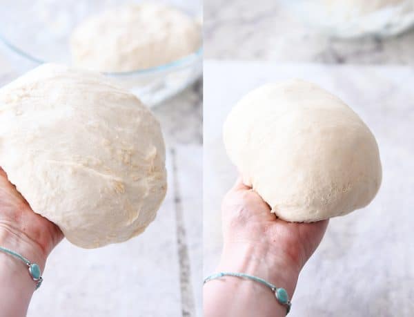 Shaping rustic crusty bread dough into a loaf.