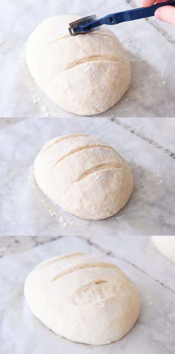 Showing how to slash the top of rustic crusty bread loaf with baker's lame.