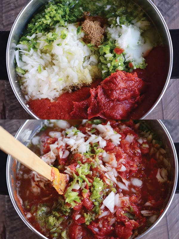 Homemade salsa ingredients in a large sauce pot getting stirred.