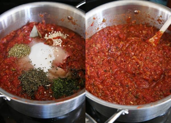 Combining sauce ingredients for homemade canned spaghetti sauce recipe.