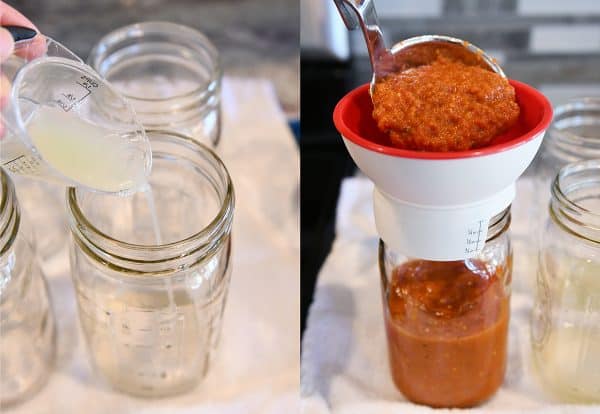 Filling quart size canning jars with homemade canned spaghetti sauce recipe.