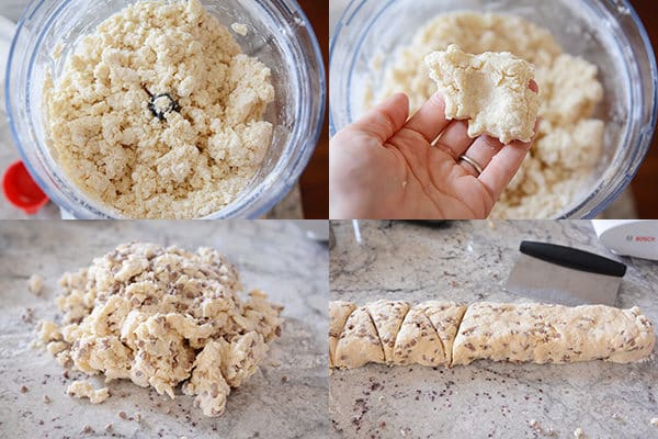Collage of pictures showing how to make cinnamon chocolate chip scones.