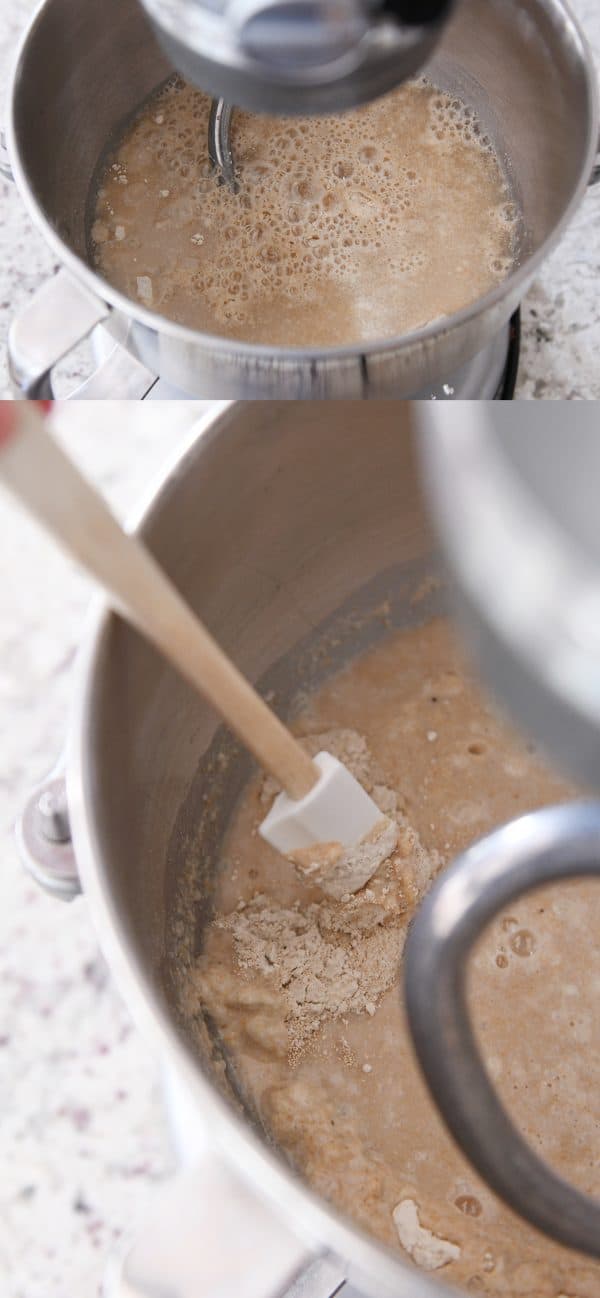 Water and yeast getting mixed into a KitchenAid bowl of whole wheat bread dough.