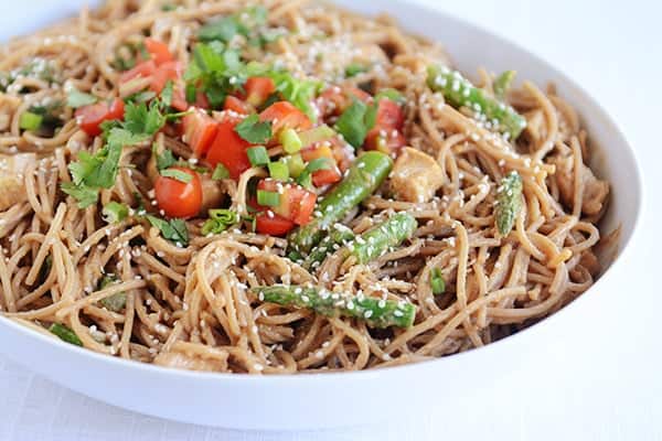 Sesame Chicken Asparagus Pasta with Creamy Peanut Sauce