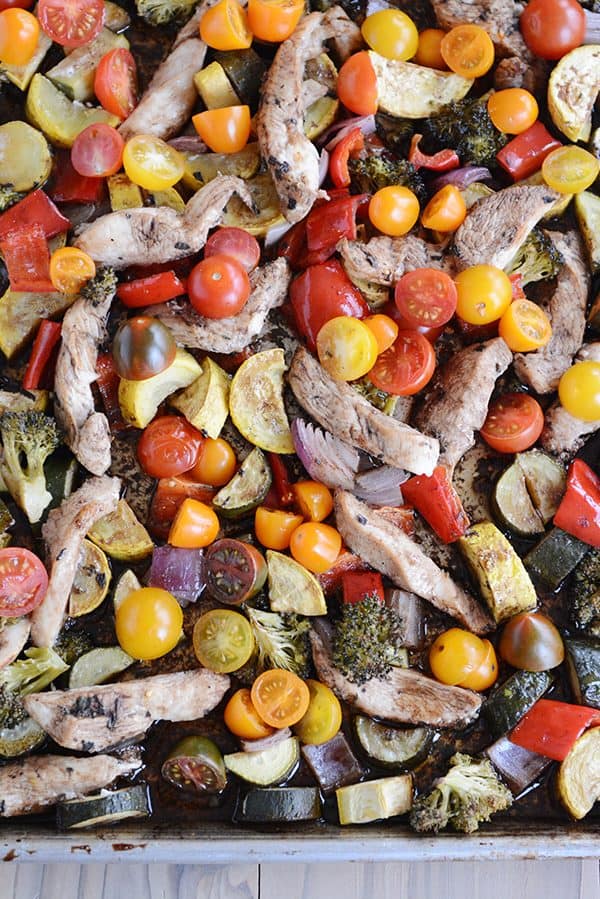 Top view of a pan of cooked chicken and vegetables. 