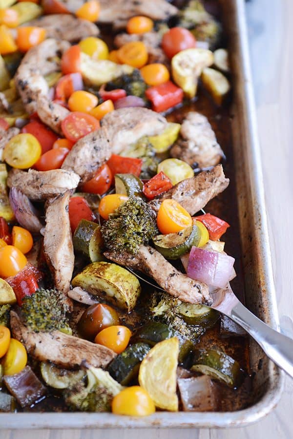 A sheet pan of balsamic chicken and cooked veggies.