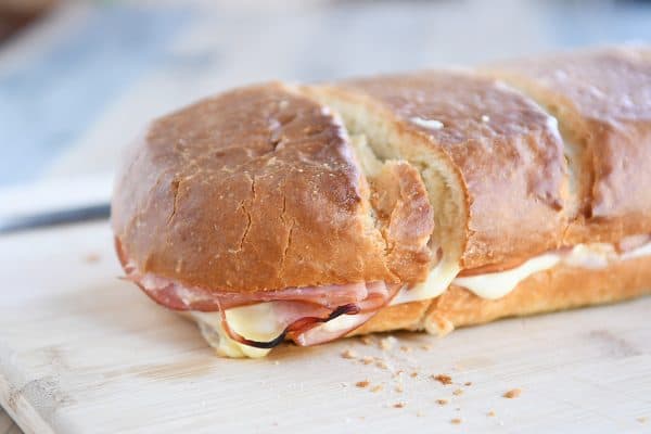 Close up view of ham and cheese sheet pan panini.