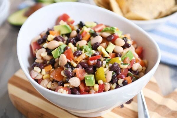 Cowboy caviar dip in white bowl. 