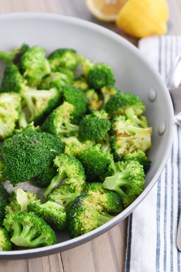 Skillet with crisp tender broccoli.