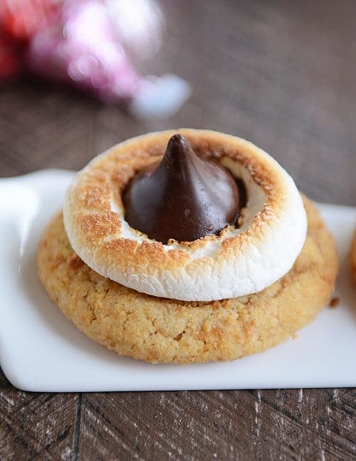 Top view of a Hershey Kiss and marshmallow-topped cookie.
