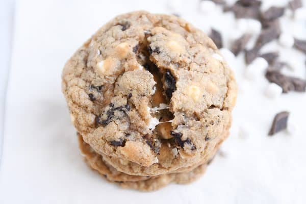 S'Mores chocolate chip cookie on white napkin.