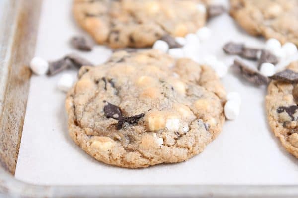 S'Mores chocolate chip cookie on parchment lined baking tray.