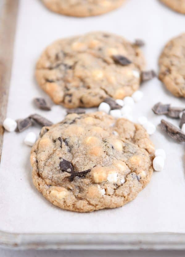 S'Mores chocolate chip cookie on parchment lined baking tray.