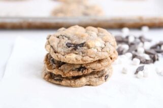 S'Mores chocolate chip cookie on white napkin.