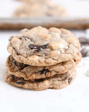 S'Mores chocolate chip cookie on white napkin.