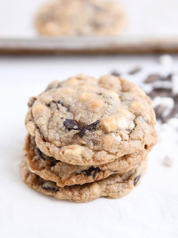 S'Mores chocolate chip cookie on white napkin.