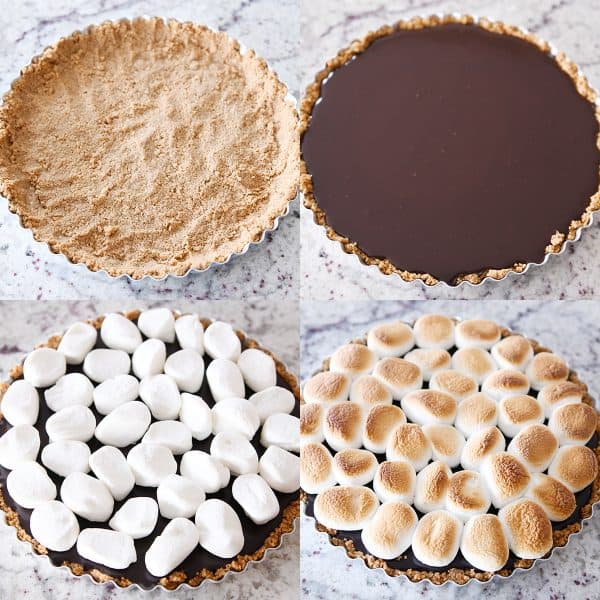 Collage showing assembly of s'mores pie.