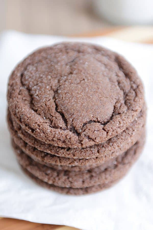Top down view of a stack of chocolate sugar cookies.