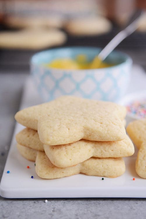 A stack of unfrosted star-shaped sugar cookies.