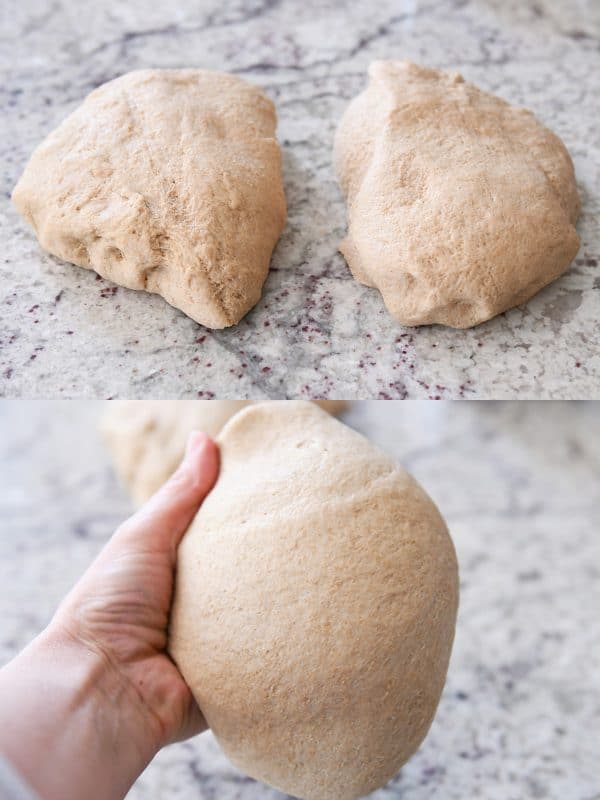 Whole wheat bread dough cut in half.