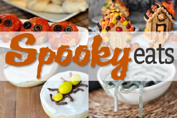 Halloween foods and treats pictures behind the text spooky eats. 