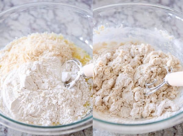 Mixing dough for easy focaccia bread in glass bowl. 