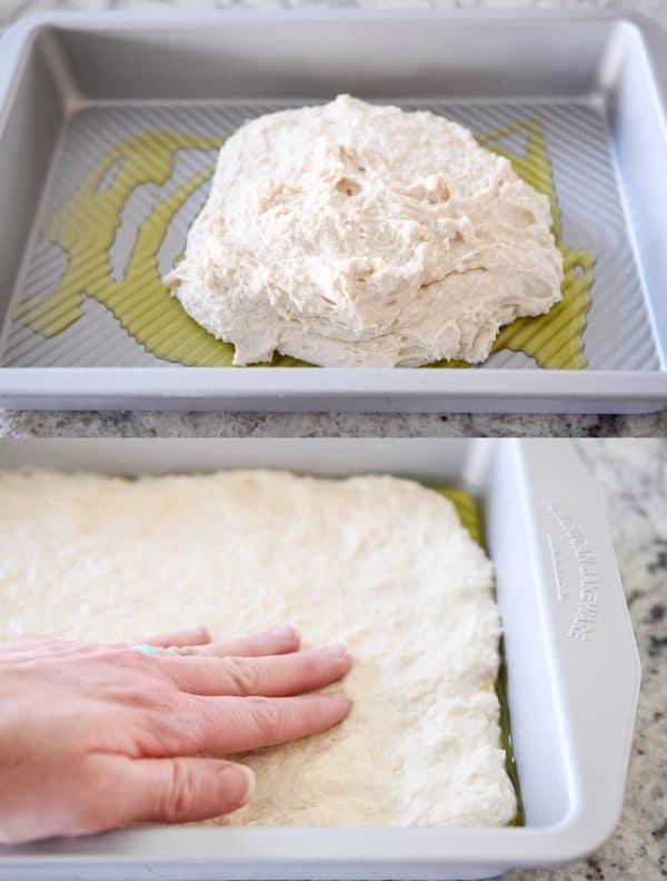 Pressing easy focaccia bread dough into pan.