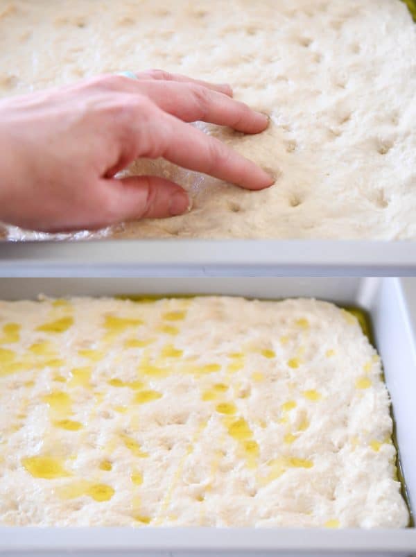Pressing divots into dough of easy focaccia bread in pan.