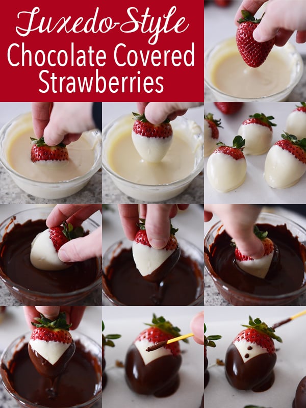 Collage of pictures showing how to make tuxedo-style chocolate covered strawberries.