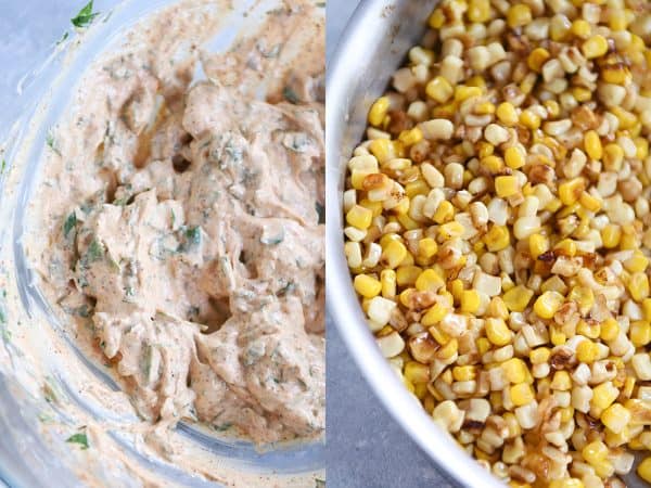 Side by side how to pictures - the salad dressing and the toasted corn.