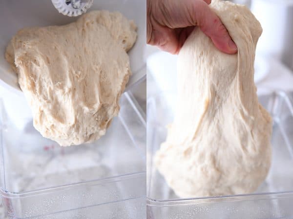 Stretching dough for cinnamon rolls.