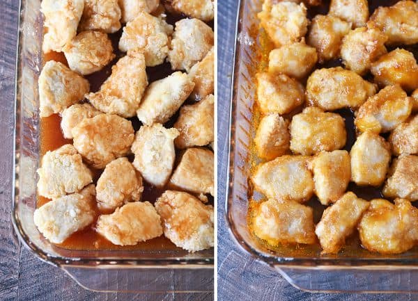 Side by side pans of unbaked and baked sweet and sour chicken.