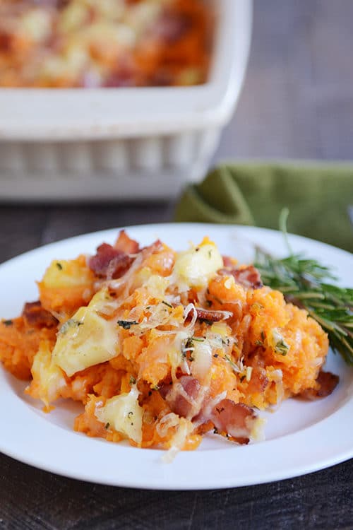 A white plate of sweet potato, bacon, and apple casswerole.