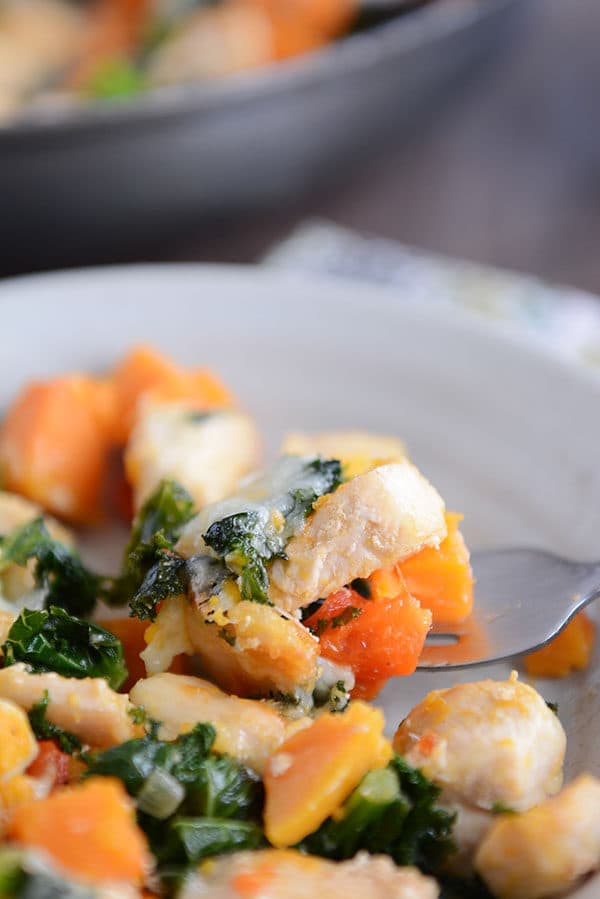 Cubed sweet potato, kale, and cooked chicken on a white plate, with a fork scooping up a bite.