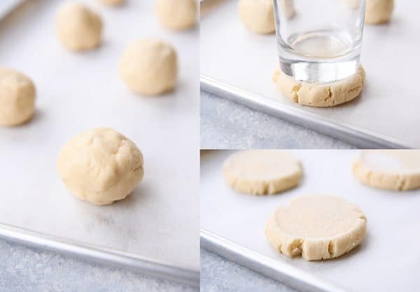 Step by step of cookie dough, pressing with a glass.