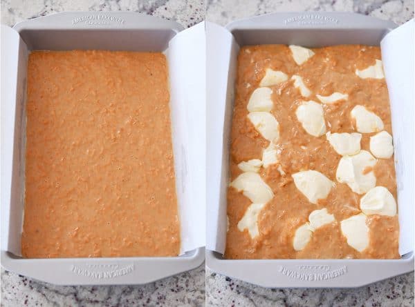 Side by side pans of unbaked and baked swirled carrot cake cheesecake bars.