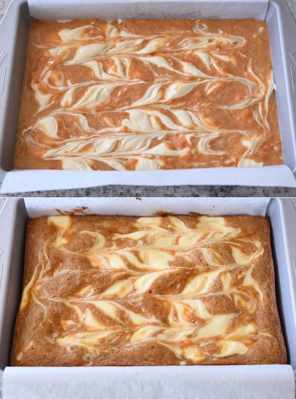 Side by side pans of unbaked and baked swirled carrot cake cheesecake bars.