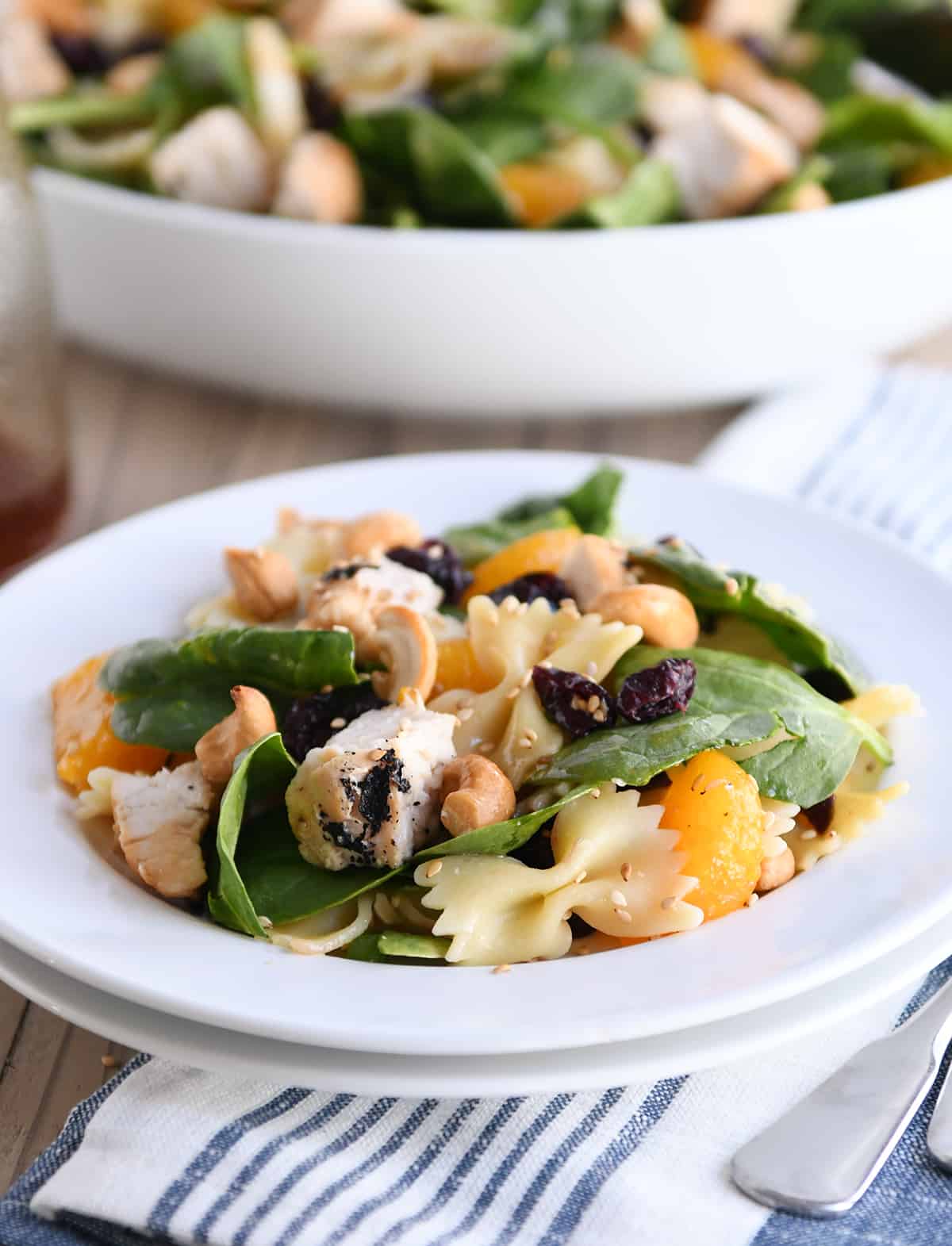 Mandarin Spinach Bowtie Pasta Salad with Teriyaki Dressing