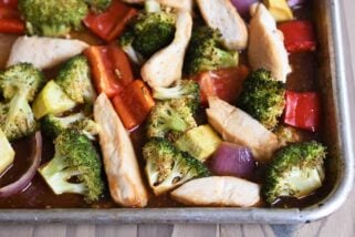 Teriyaki sheet pan dinner loaded with vegetables.